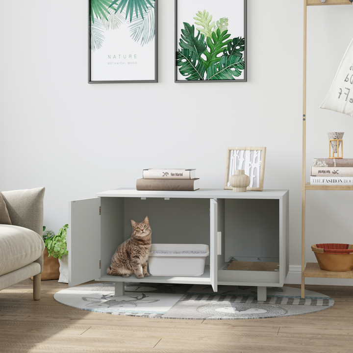 Indoor Feline Cat Box Furniture Kitty Table w/ Scratch & Magnetic Doors, Grey