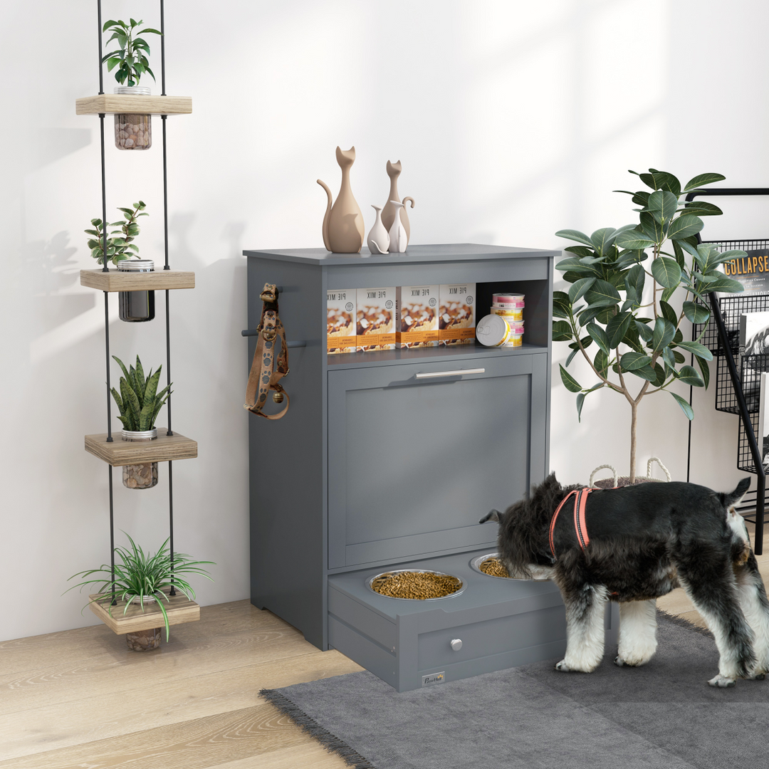 PawHut Pet Feeder Station with Storage Cabinet, Open Compartment, Side Hooks &amp; 2 Bowls – Grey (82cm