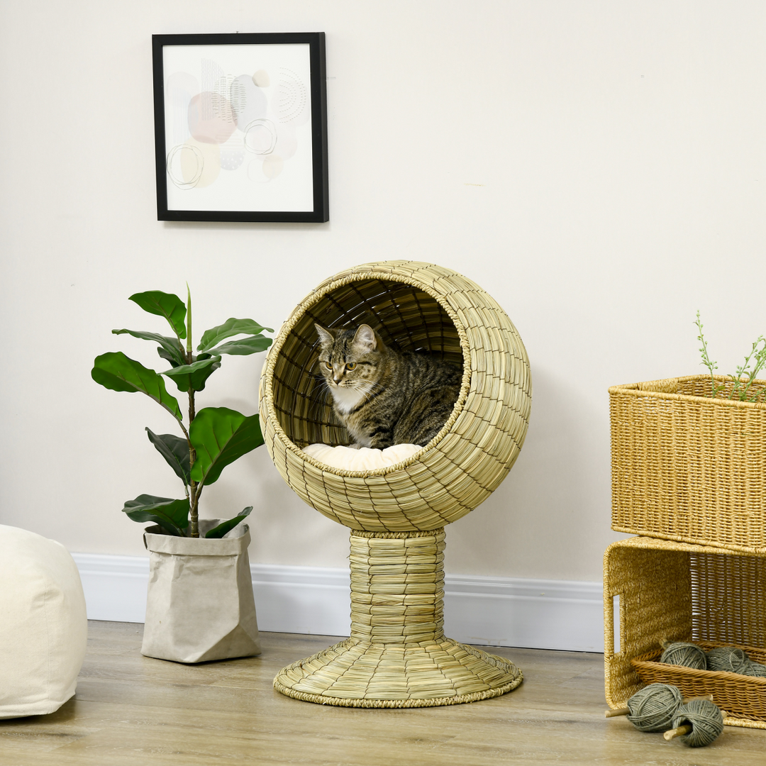 PawHut Raised Cat House with Cushion – Wicker Elevated Cat Bed with Detachable Nest