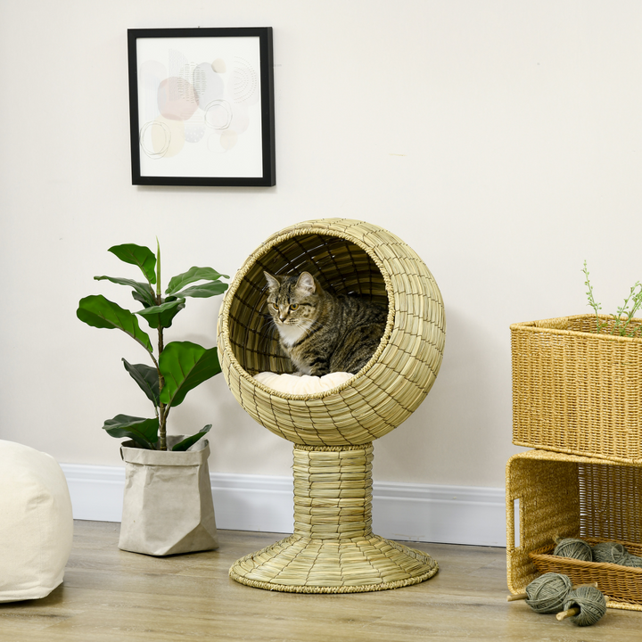 PawHut Raised Cat House with Cushion – Wicker Elevated Cat Bed with Detachable Nest