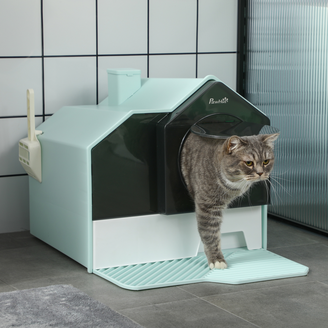 Ultimate Privacy Cat Litter Box with Scoop & Deodorizer – Light Blue