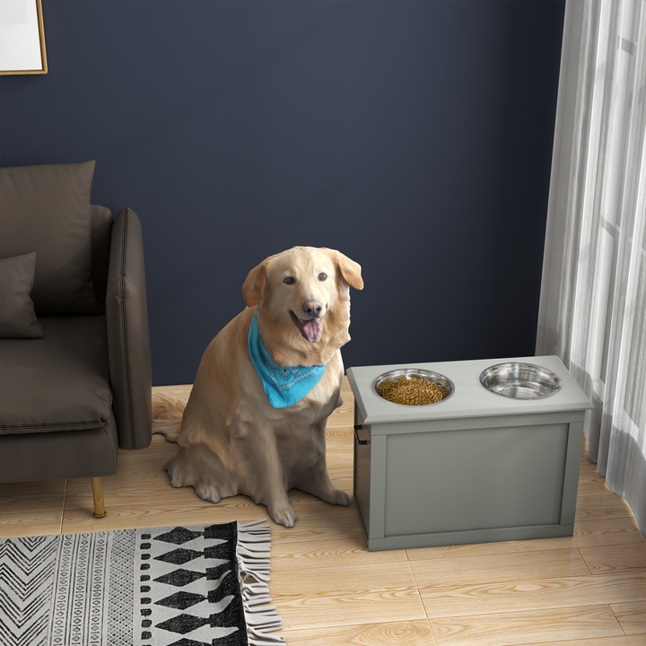 PawHut Elevated Dog Bowl Set with Storage – Grey Double Feeding Station for Large Dogs