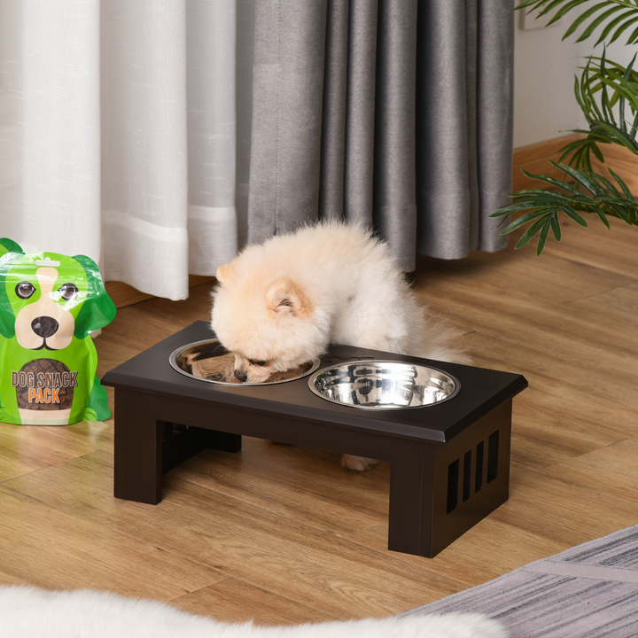 PawHut Raised Dog Bowls with Double Stainless Steel Bowls | Brown