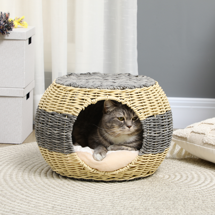 PawHut Wicker Cat House, Rattan Raised Cat Bed with Soft Cushion – Compact Design