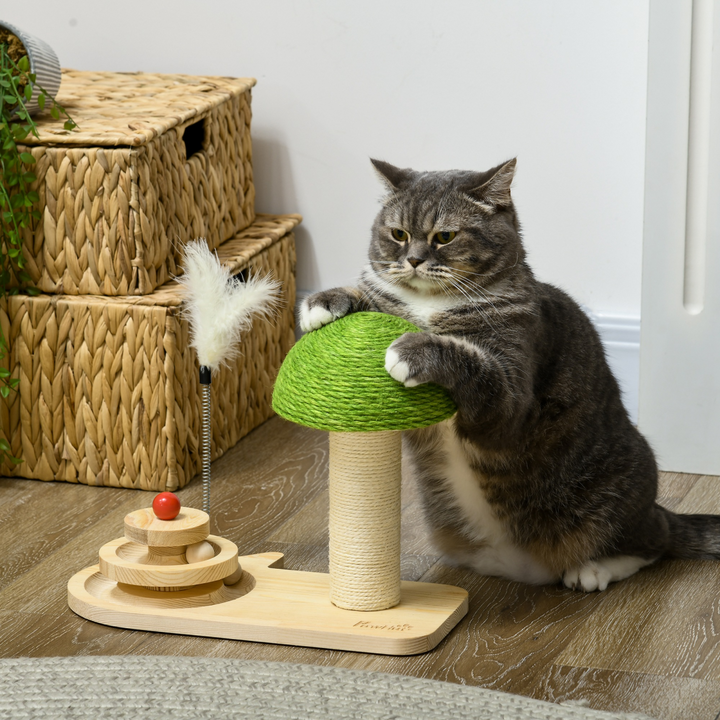 PawHut Playful Mushroom Cat Scratching Post with Interactive Toy Balls