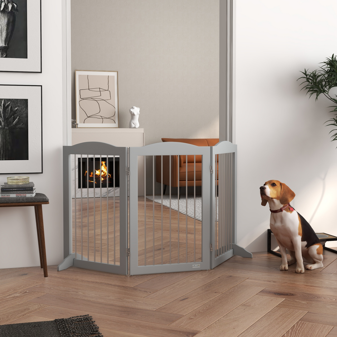 PawHut Foldable Dog Gate, Freestanding Pet Gate with Two Support Feet - Grey
