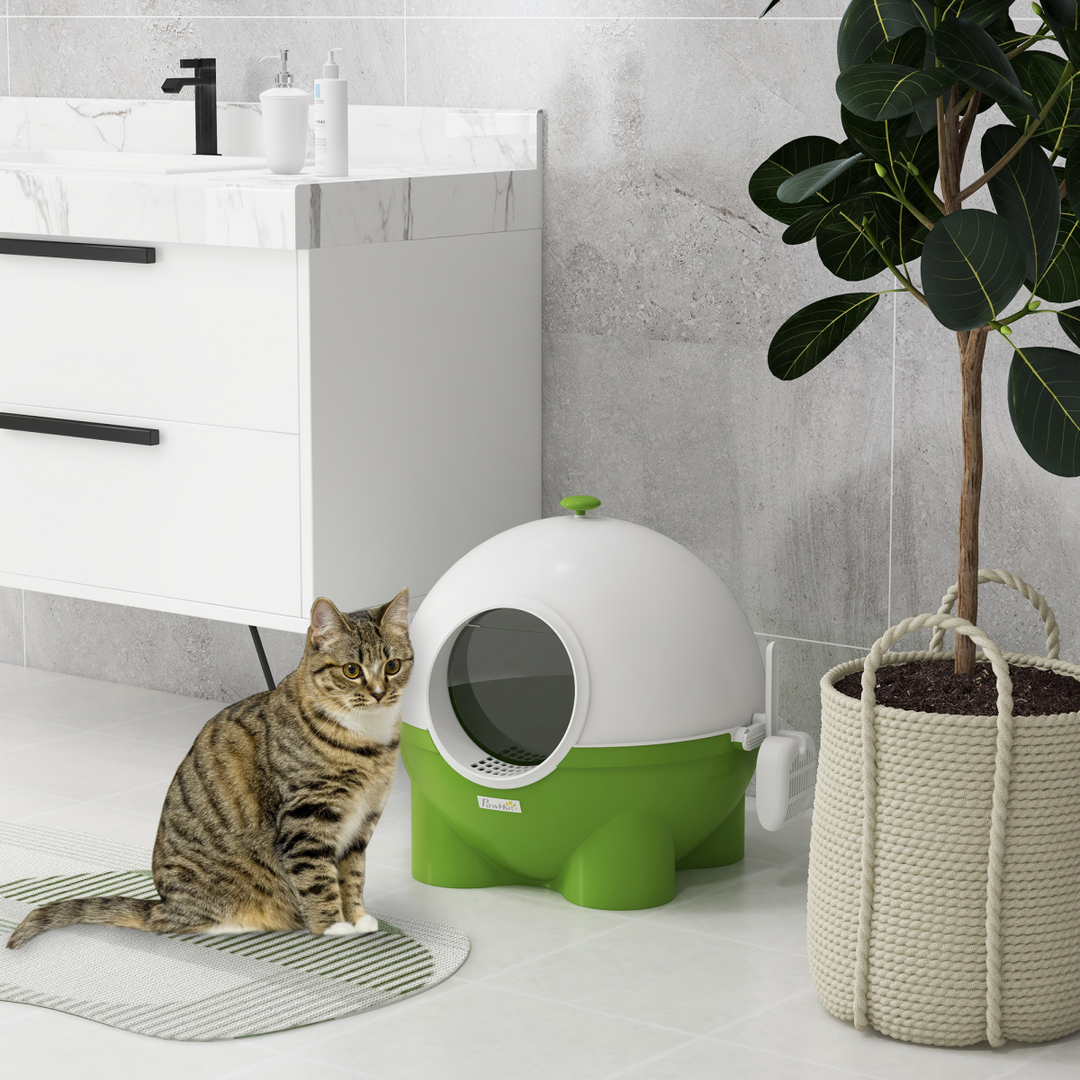Smart Hooded Cat Litter Box - Stylish Green, 53x51x48cm, Includes Scoop!