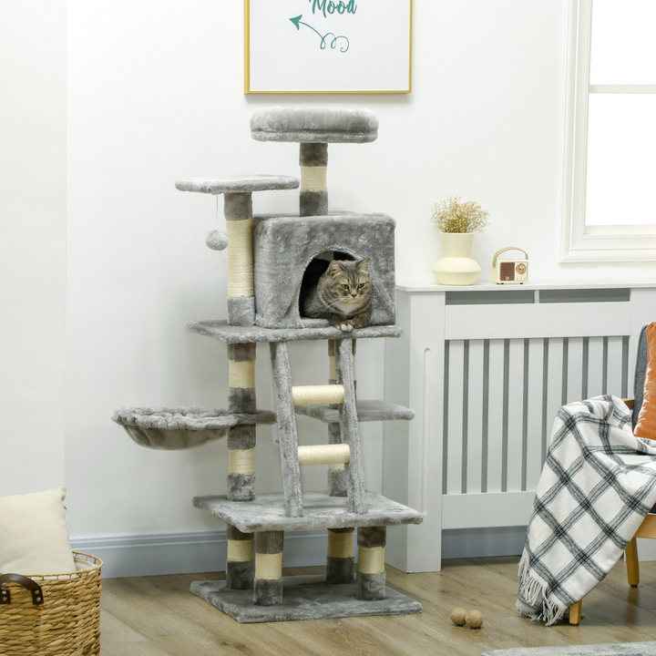 PawHut 132cm Multi-Activity Cat Tree w/ House Baskets Ladder Scratch Post Grey