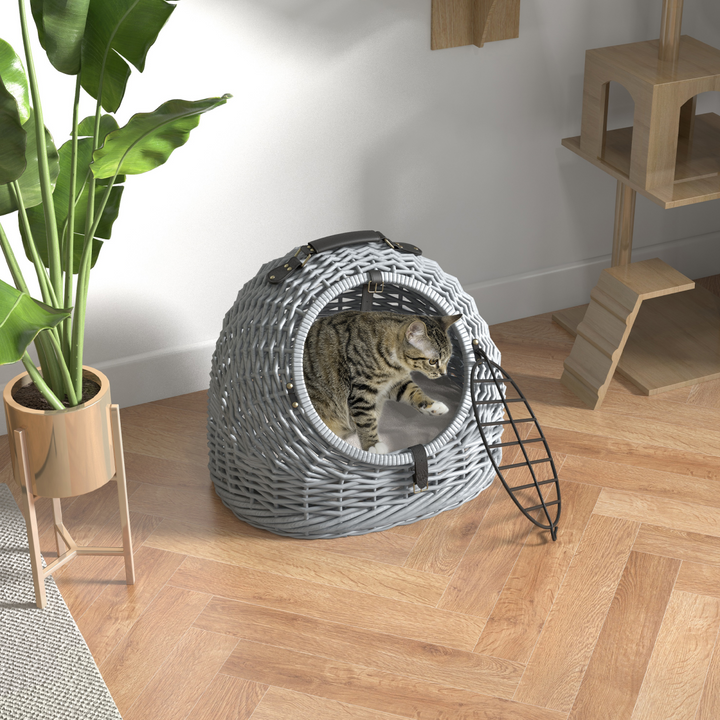 Wicker Cat Basket W/ Mat Handle Kitten Pussy Enclosed Bed Portable - Grey