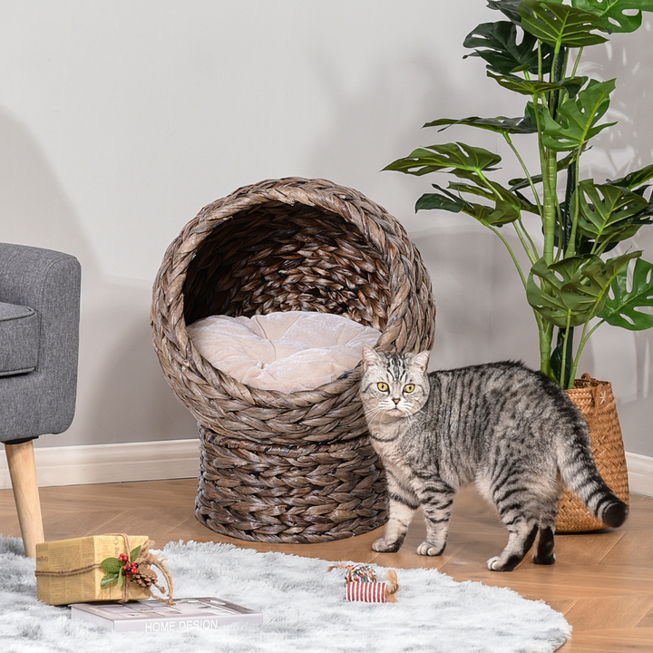 PawHut Wicker Cat House, Raised Cat Bed with Cylindrical Base – Dark Brown