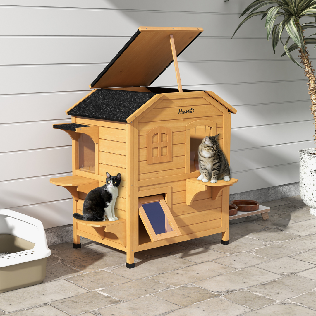 Cozy Outdoor Wooden Cat House - Multi-Level Shelter for Happy Feline Retreats