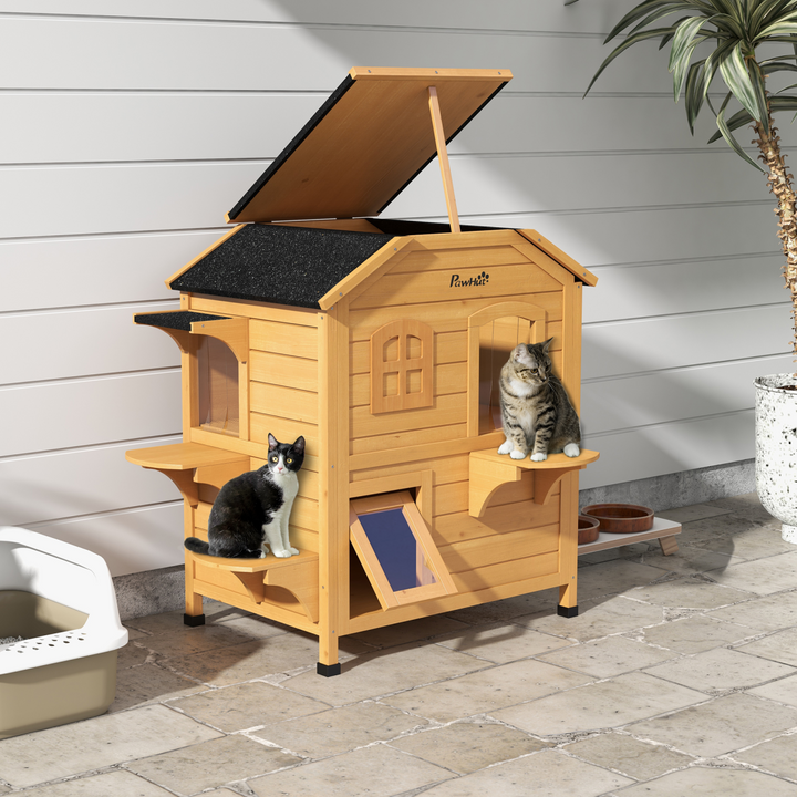 Cozy Outdoor Wooden Cat House - Multi-Level Shelter for Happy Feline Retreats