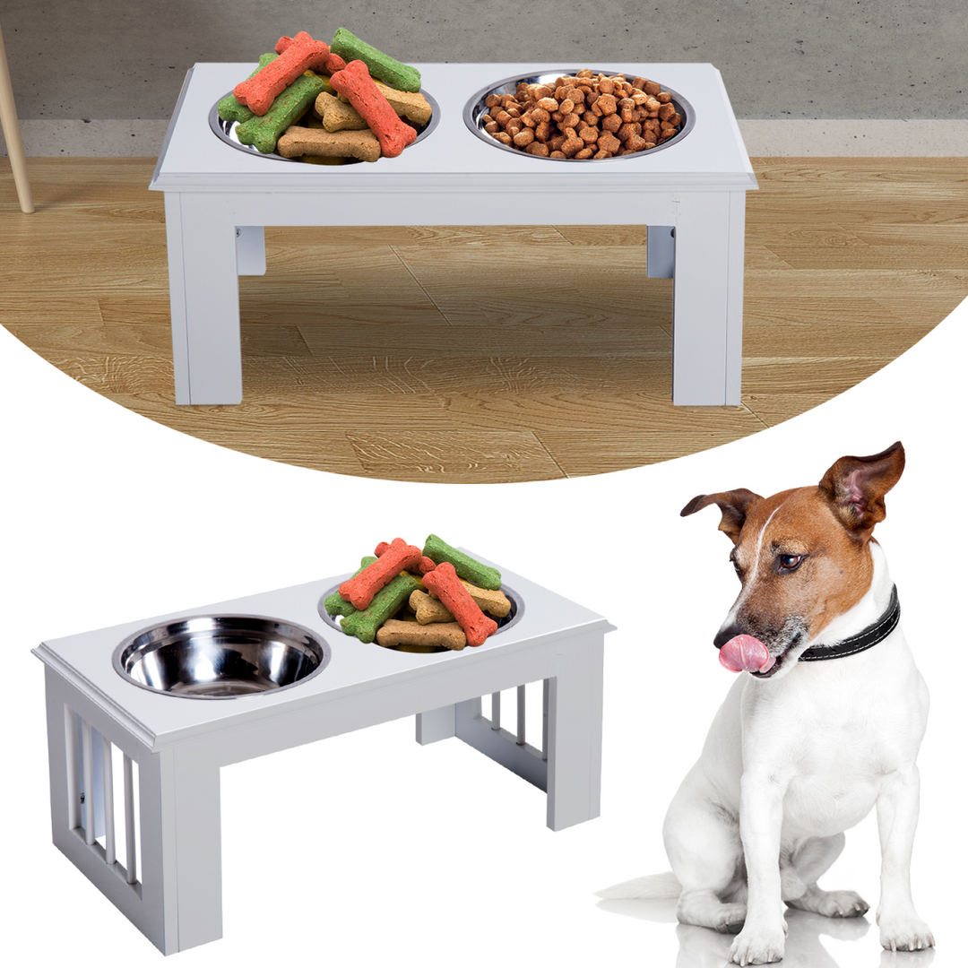 PawHut Raised Pet Feeder with Elevated Stand & 2 Stainless Steel Bowls – White (58.4cm)