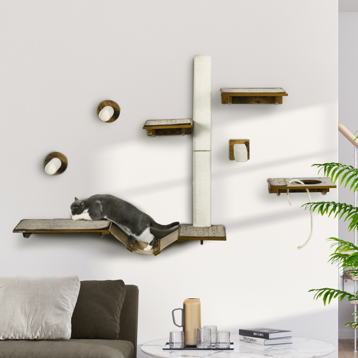 Ultimate PawHut Wall-Mounted Cat Shelves Set - 8 Versatile Pieces in Brown