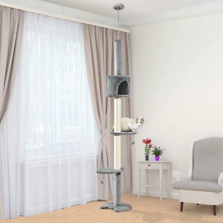 Multi-Level Light Grey Cat Tree with Scratch Post & Fun Play Features