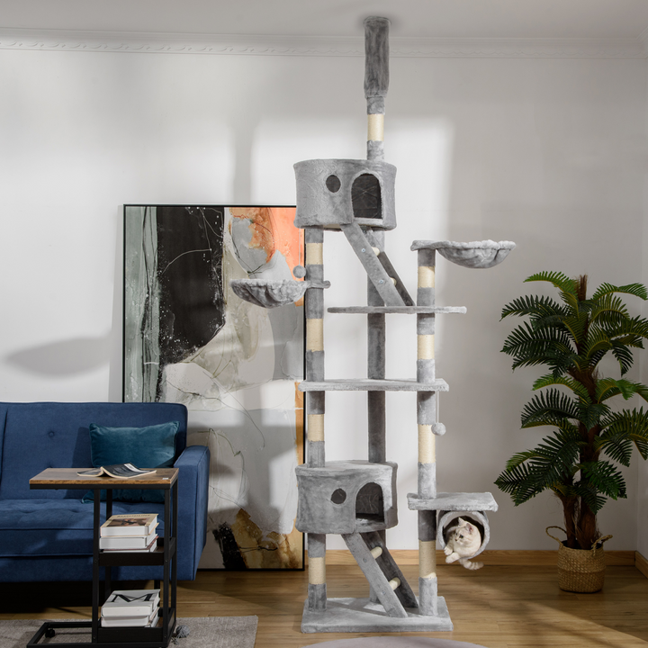 Elevated Adventure: PawHut Adjustable Floor-to-Ceiling Cat Tree - Light Grey