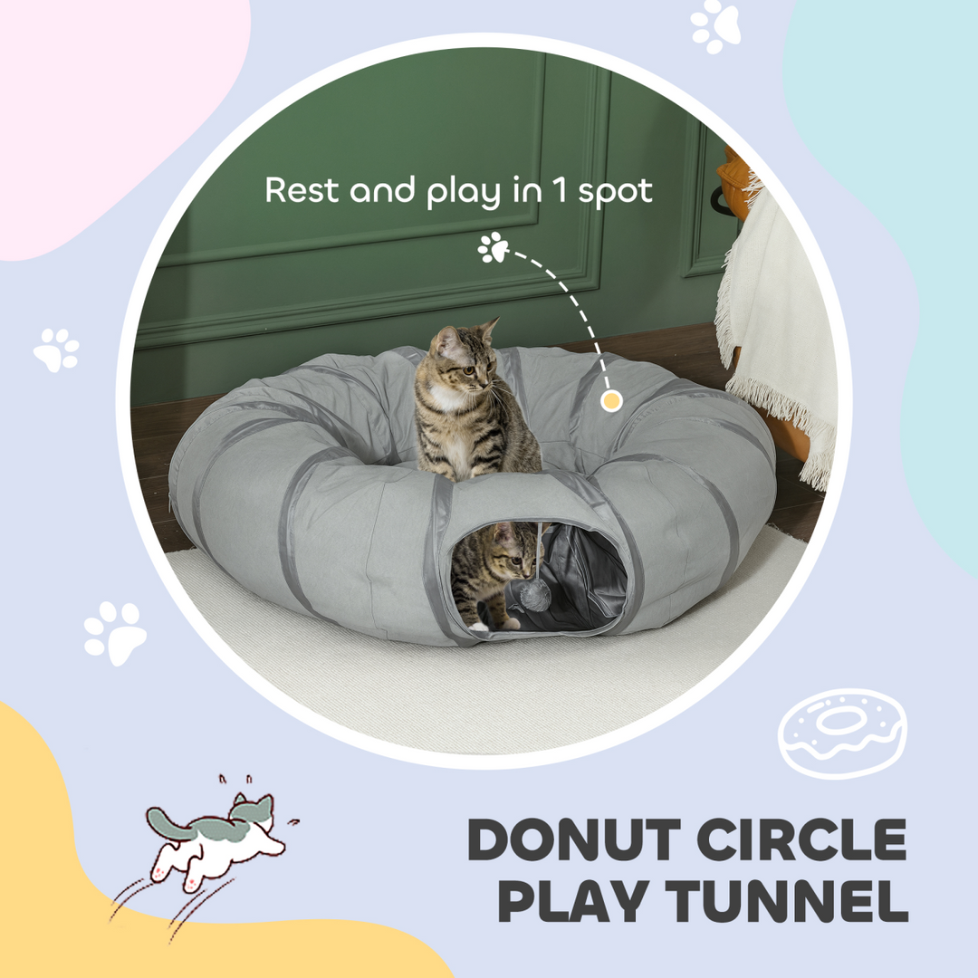 PawHut 2-in-1 Cat Tunnel Bed – Grey Play Tunnel with Washable Cushion