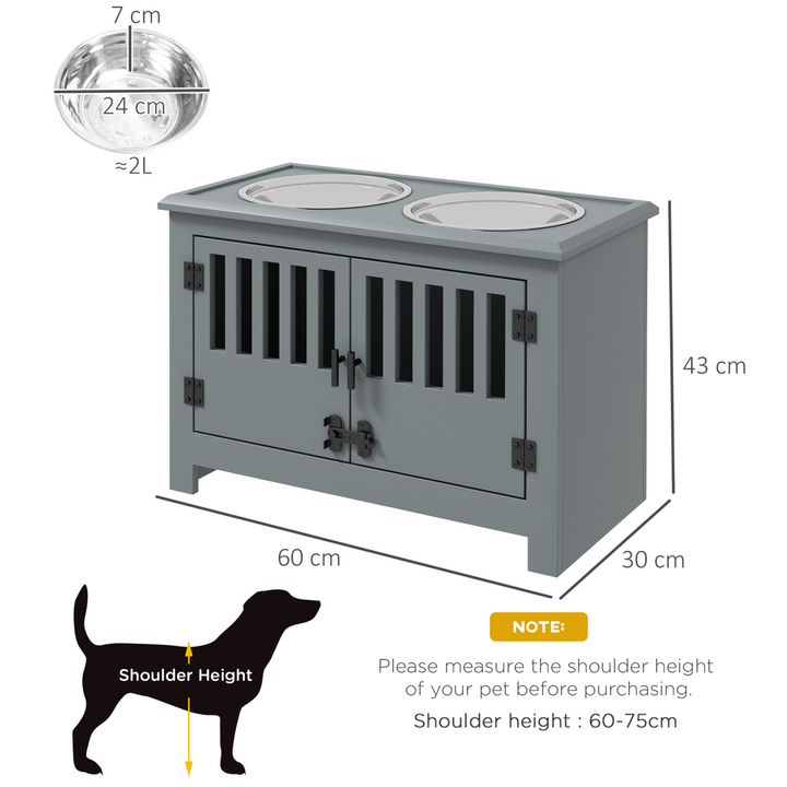 PawHu Raised Dog Bowls Feeding Station with Storage Cabinet &amp; 2 Stainless Steel Bowls – Grey