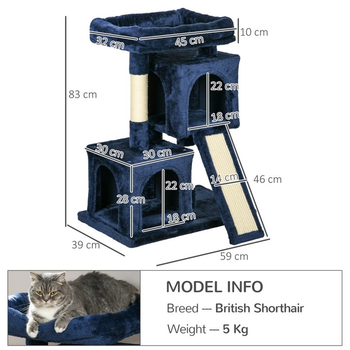 Navy Blue Luxury Cat Tree with 2 Houses & Scratching Posts – Perfect Play & Rest!
