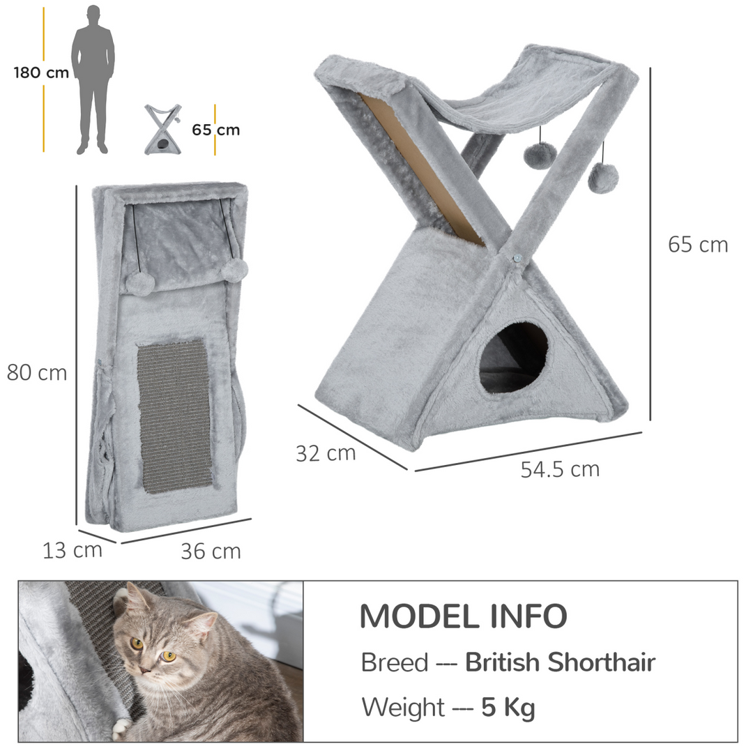 Plush Folding Cat Tree Play Rest Activity Tower w/ Scratching Post Grey Pawhut