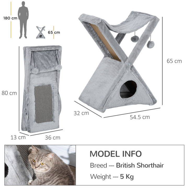 Plush Folding Cat Tree Play Rest Activity Tower w/ Scratching Post Grey Pawhut