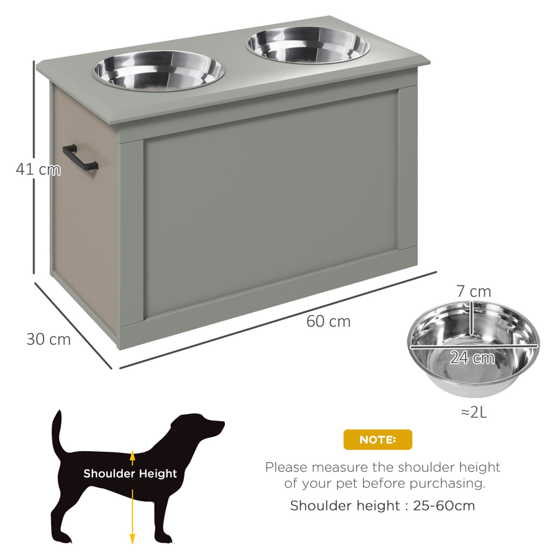 PawHut Elevated Dog Bowl Set with Storage – Grey Double Feeding Station for Large Dogs