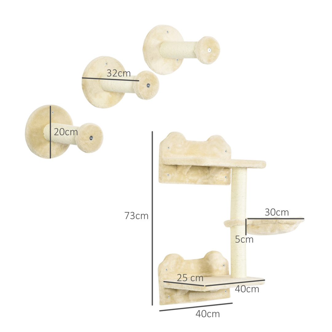 4-Piece Wall-Mounted Cat Tree with Scratching Post & Hammock – Beige Cat Climbing Shelf Set
