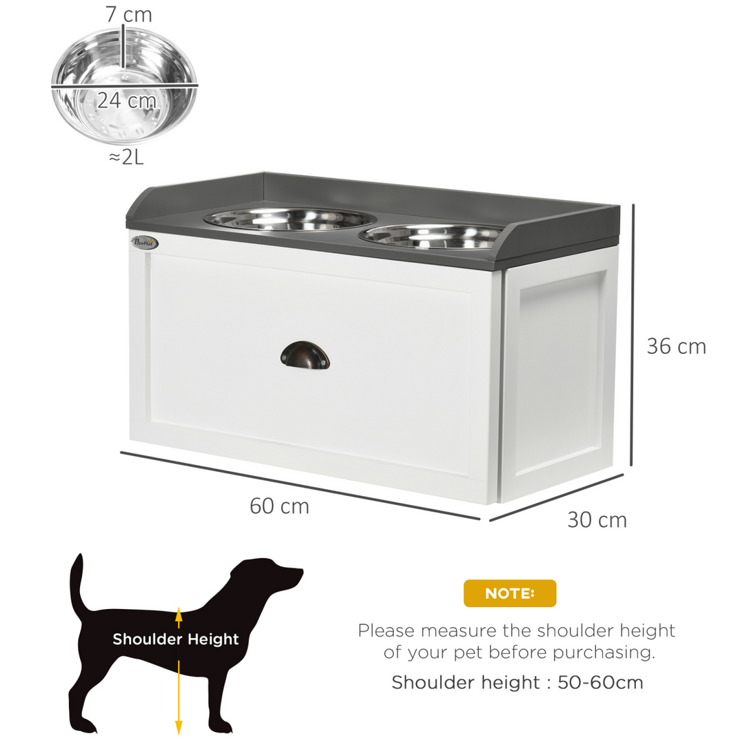 PawHut Elevated Dog Bowls with 21L Storage Drawer &amp; 2 Stainless Steel Bowls – White &amp; Grey (60cm)