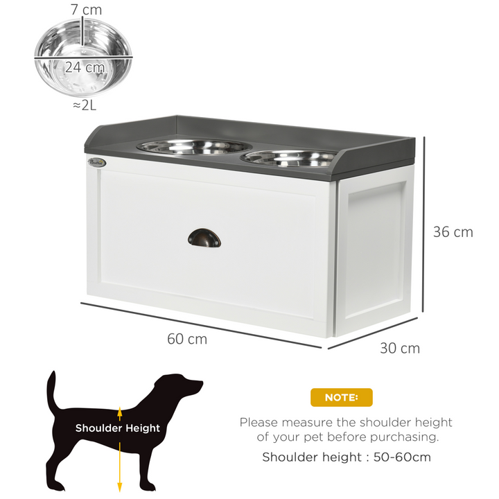 PawHut Elevated Dog Bowls with 21L Storage Drawer &amp; 2 Stainless Steel Bowls – White &amp; Grey (60cm)