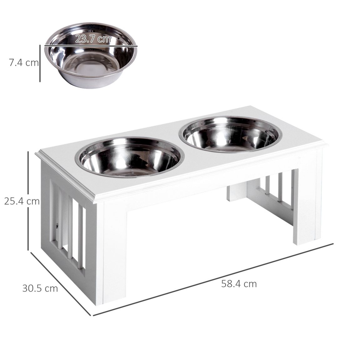 PawHut Raised Pet Feeder with Elevated Stand & 2 Stainless Steel Bowls – White (58.4cm)