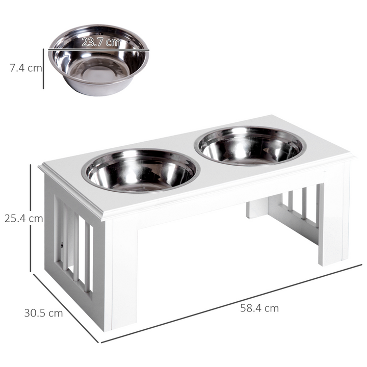 PawHut Raised Pet Feeder with Elevated Stand & 2 Stainless Steel Bowls – White (58.4cm)