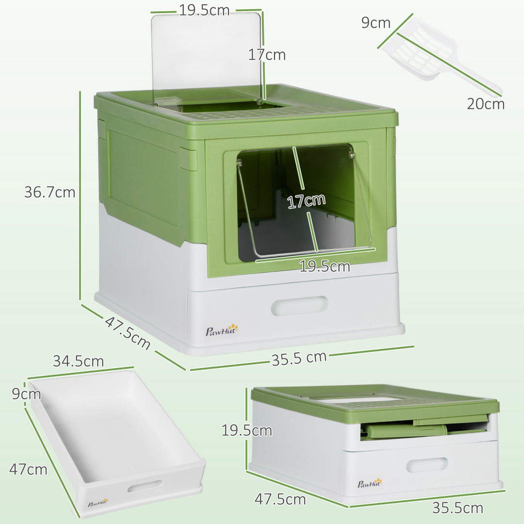 PawHut Deluxe Hooded Cat Litter Box with Top Exit, Removable Tray &amp; Scoop – Lime Green &amp; White.