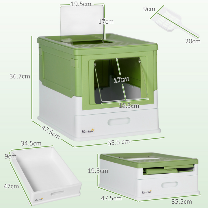 PawHut Deluxe Hooded Cat Litter Box with Top Exit, Removable Tray &amp; Scoop – Lime Green &amp; White.