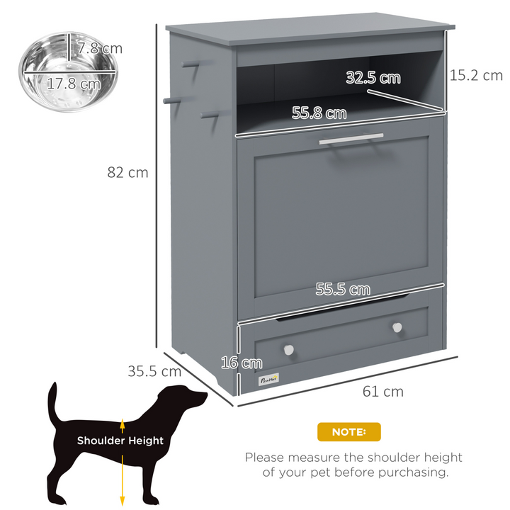 PawHut Pet Feeder Station with Storage Cabinet, Open Compartment, Side Hooks &amp; 2 Bowls – Grey (82cm