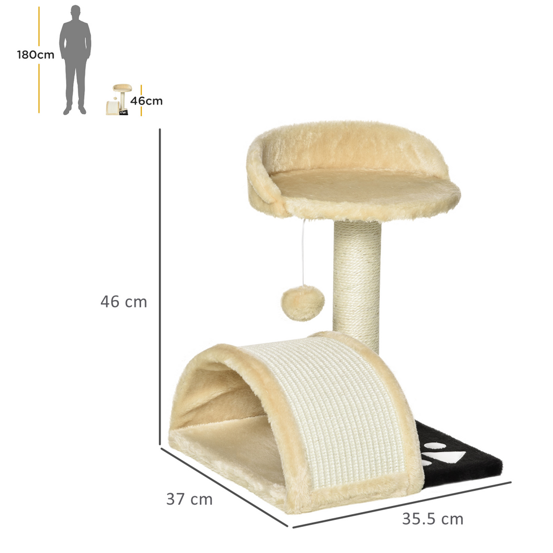 PawHut Cat Tree with Sisal Scratching Posts – Beige Multi-Level Cat Tower with Curved Scratching Board & Toy Ball