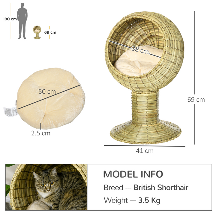 PawHut Raised Cat House with Cushion – Wicker Elevated Cat Bed with Detachable Nest