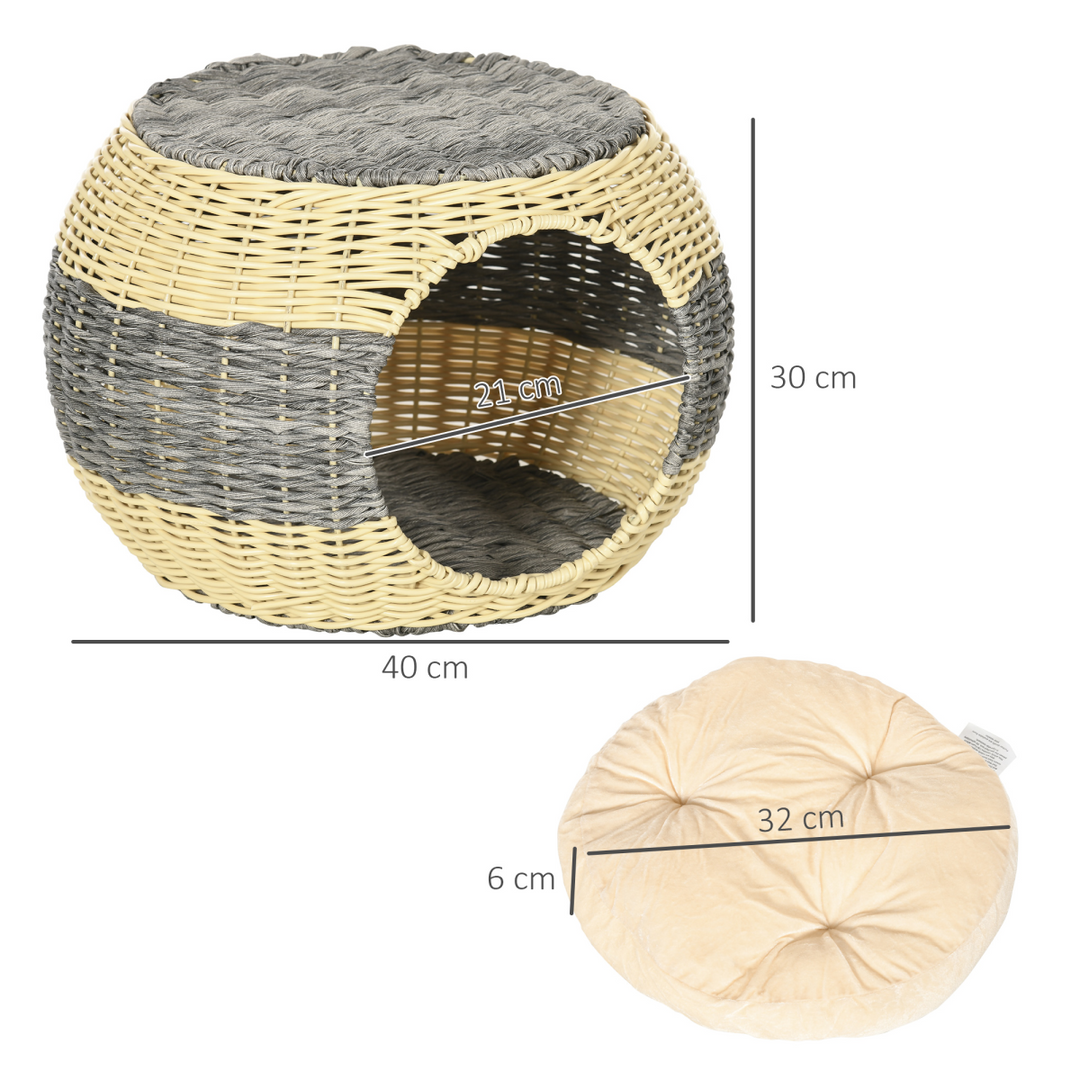 PawHut Wicker Cat House, Rattan Raised Cat Bed with Soft Cushion – Compact Design