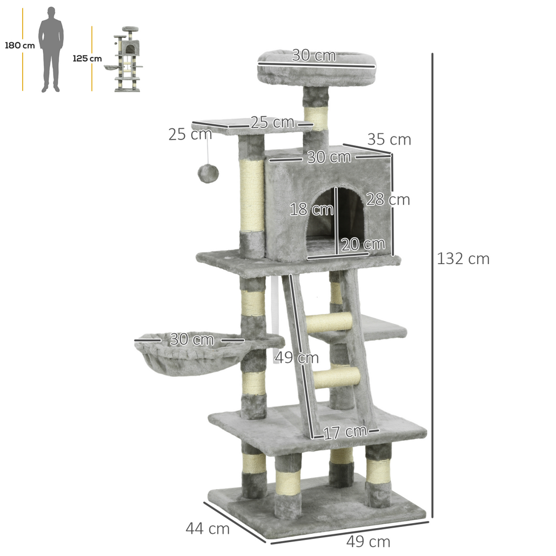 PawHut 132cm Multi-Activity Cat Tree w/ House Baskets Ladder Scratch Post Grey