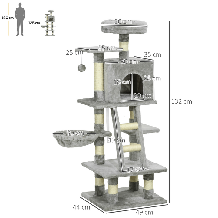 PawHut 132cm Multi-Activity Cat Tree w/ House Baskets Ladder Scratch Post Grey