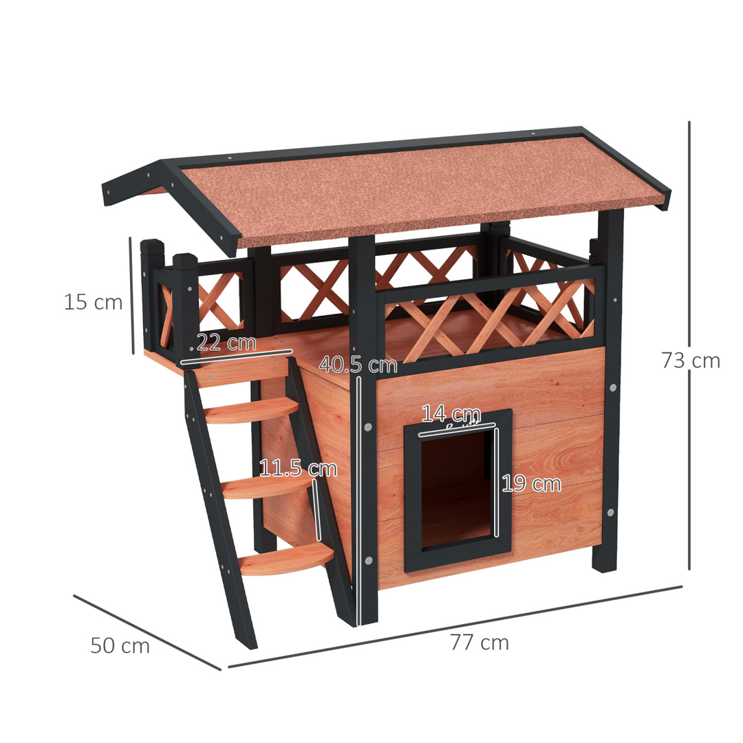 PawHut Outdoor Cat House with Balcony, Stairs & Weatherproof Roof – Brown