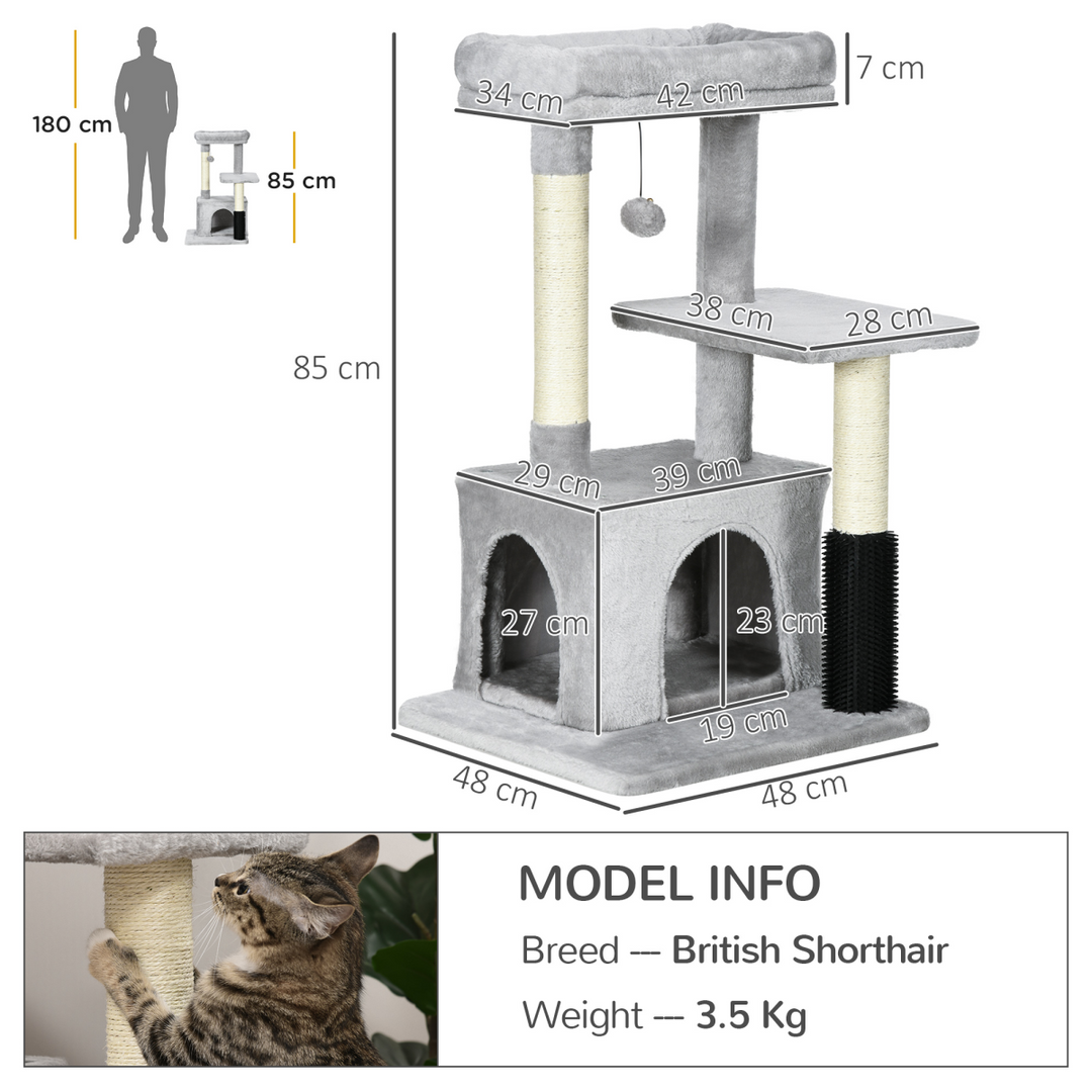 PawHut Cat Tree Climbing Activity Centre – Grey Multi-Level Cat Tower with Sisal Scratching Surface, Condo & Washable Top Bed