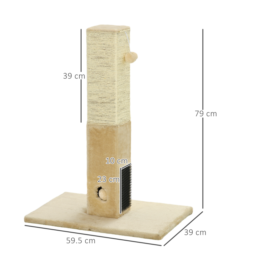 PawHut Premium Cat Scratching Post with Plush Base, Self-Grooming Brush & Hanging Toy – Beige Cat Climber Tower