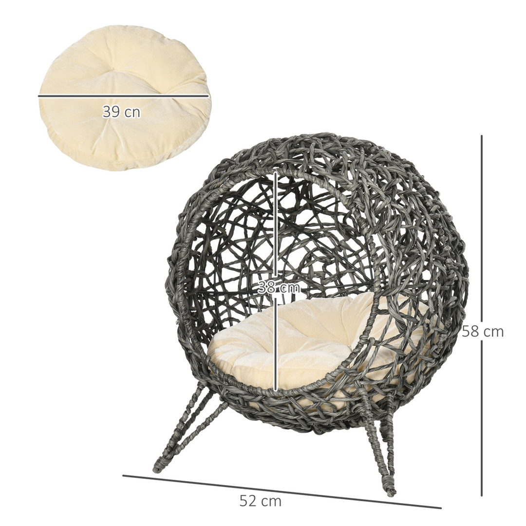 PawHut Rattan Elevated Cat House with Cushion – Silver-Tone & Grey (Ø52cm)