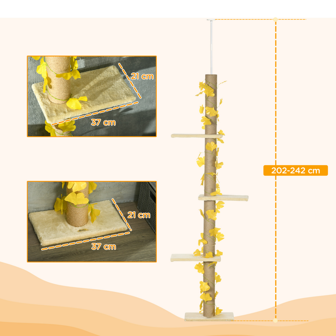Adjustable 242cm Cat Tree with Jute Scratching Post & Anti-Slip Kit - Yellow