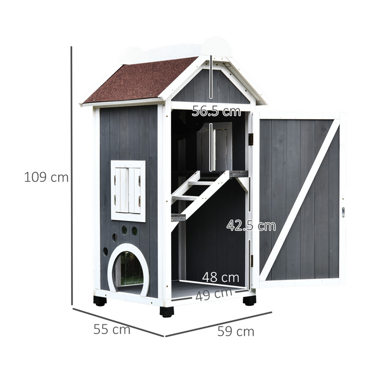 Solid Wood Cat Condo Furniture 2-Floor Pet Shelter, Grey and White, 109H cm