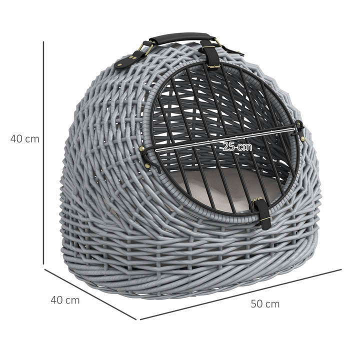 Wicker Cat Basket W/ Mat Handle Kitten Pussy Enclosed Bed Portable - Grey