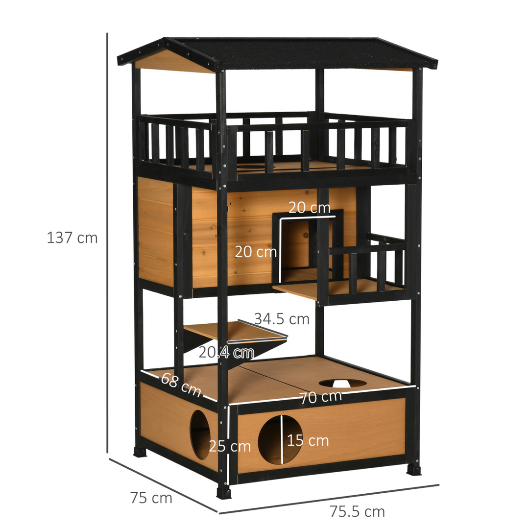 3-Tier Wooden Cat House with Balconies - Outdoor Shelter for Playful Cats