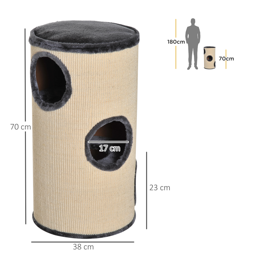 PawHut Cat Scratching Barrel with Sisal &amp; Observation Deck – 3 Dens Activity Centre
