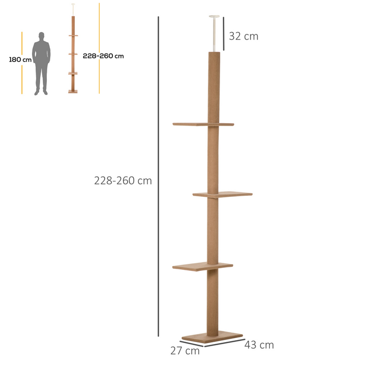 Adjustable 260cm Floor-to-Ceiling Cat Tree Tower - Premium Brown Playhouse