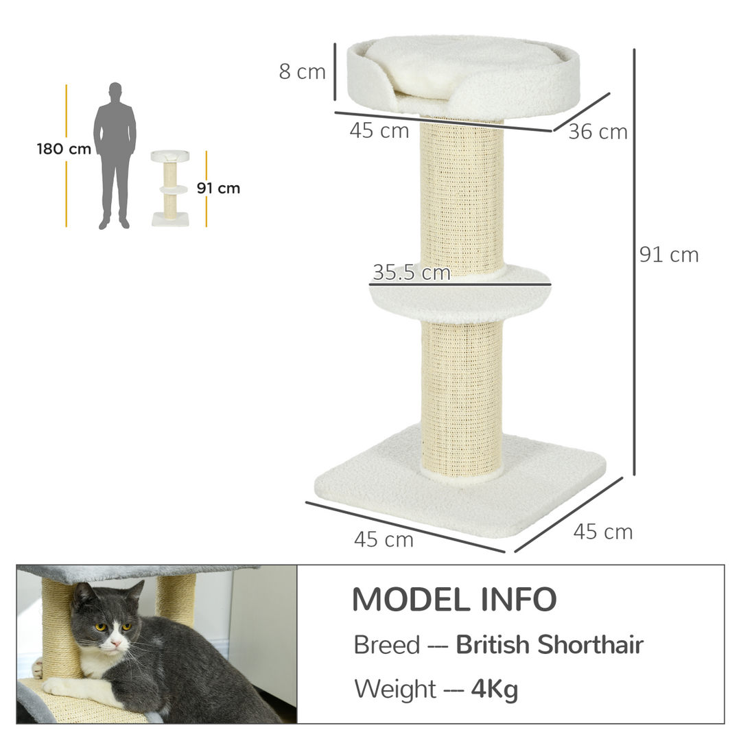 PawHut 2-Tier Cat Tree: Plush Basket & Sisal Scratch Post - Cream White